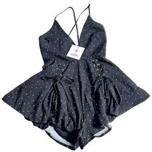 SEEK Black Polka Dot Dress Deep V-neckline Lace-up Details Size S New